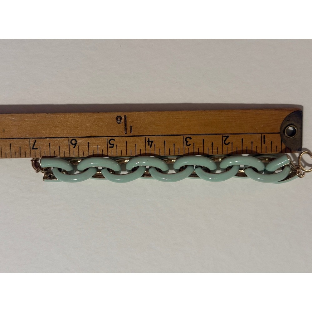 Sage Green Enamel Chunky Chain Link Bracelet Gold Tone 7.5 Inch Statement - Picture 5 of 6